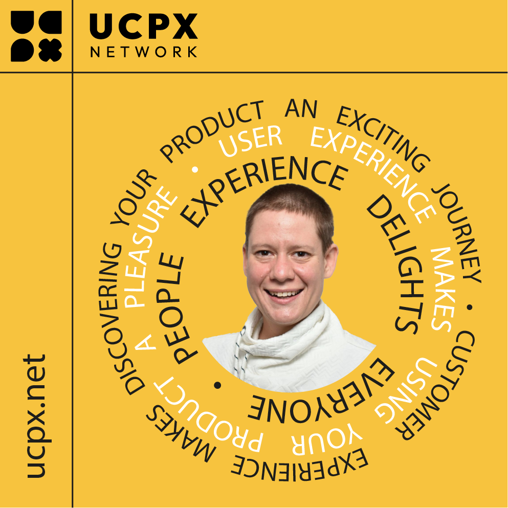 Portrait of Daniela Weinzettl in the UCPX Network's yellow circular visual with experience-related keywords.