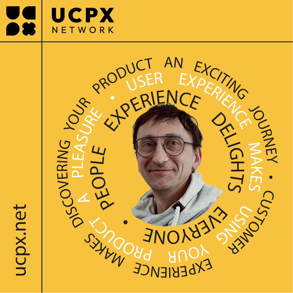 Portrait of Thomas Grill in the UCPX Network's yellow circular visual with experience-related keywords.